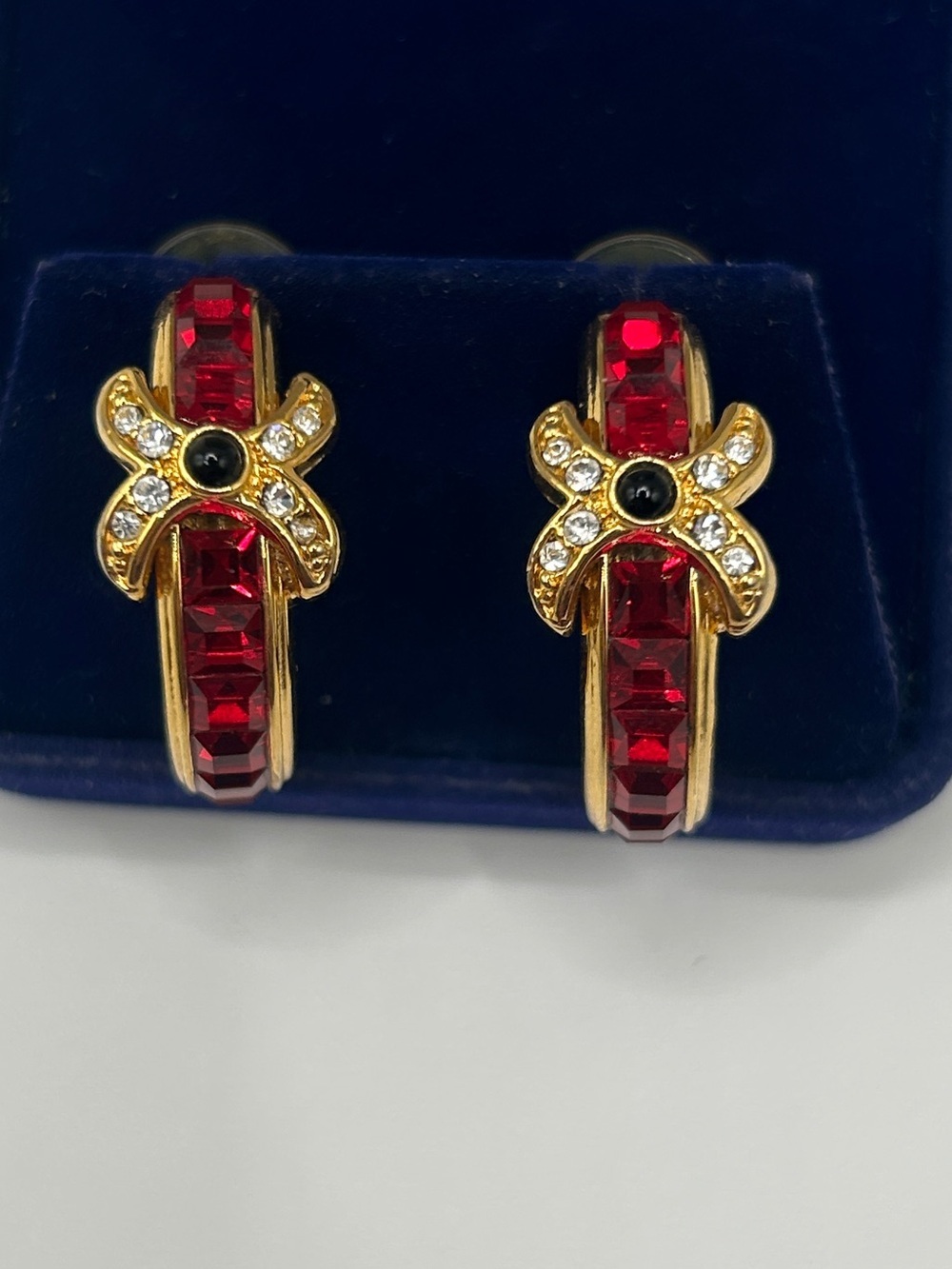 Vintage 10k Gold Ruby Red and White Crystal Half Hoop Earrings​